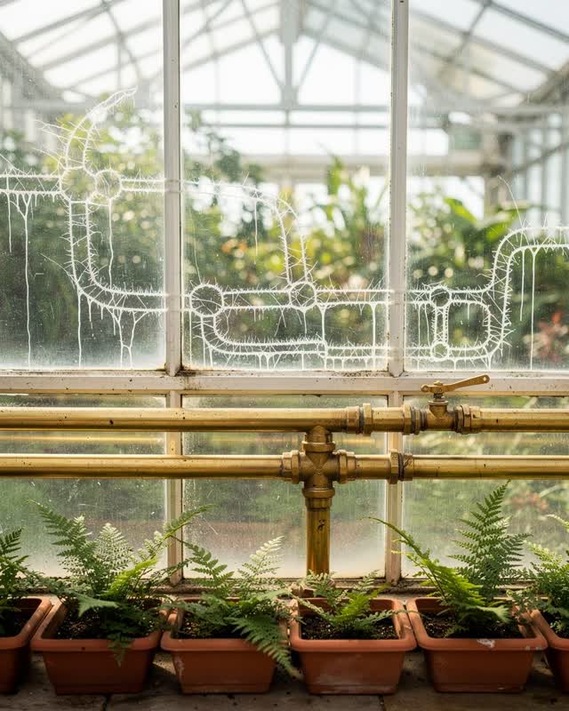 I dream of a municipal greenhouse in bright diffuse noon light where the condensation on the lower glass walls has slowl