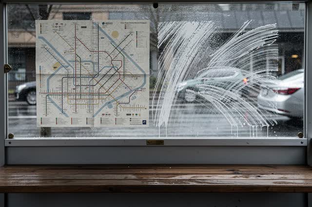 I dream of a bright transit shelter after rain, where the broad window has dried with white mineral streaks that cross t