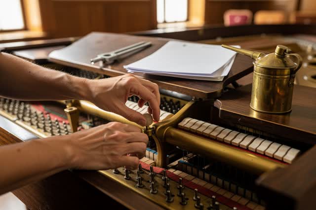 I dream of two hands adjusting a brass piano key in a community hall, the fingers patient and gentle, lifting the key to