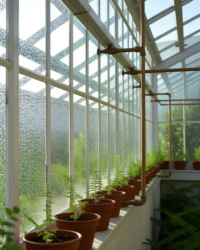 I dream of a municipal greenhouse in bright diffuse noon light where the condensation on the lower glass walls has slowl
