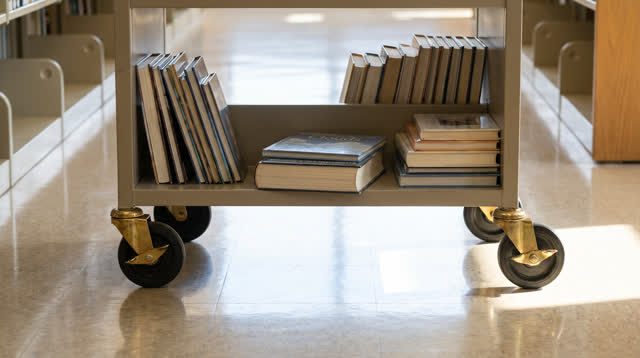 I dream of a bright branch-library aisle where the metal return cart has subtly reorganized its overnight stack into une