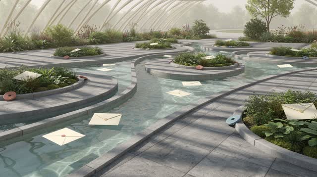 I dream of an open-air civic sorting garden where blank cream envelopes drift along shallow water channels instead of th