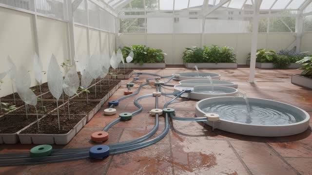 I dream of a high greenhouse irrigation bench opening into an impossible indoor courtyard. Blank plant labels in the tra