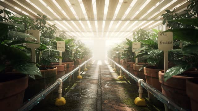 I dream of a covered plant nursery aisle after rain, opening into an impossible bright growing hall. The pale wooden sha