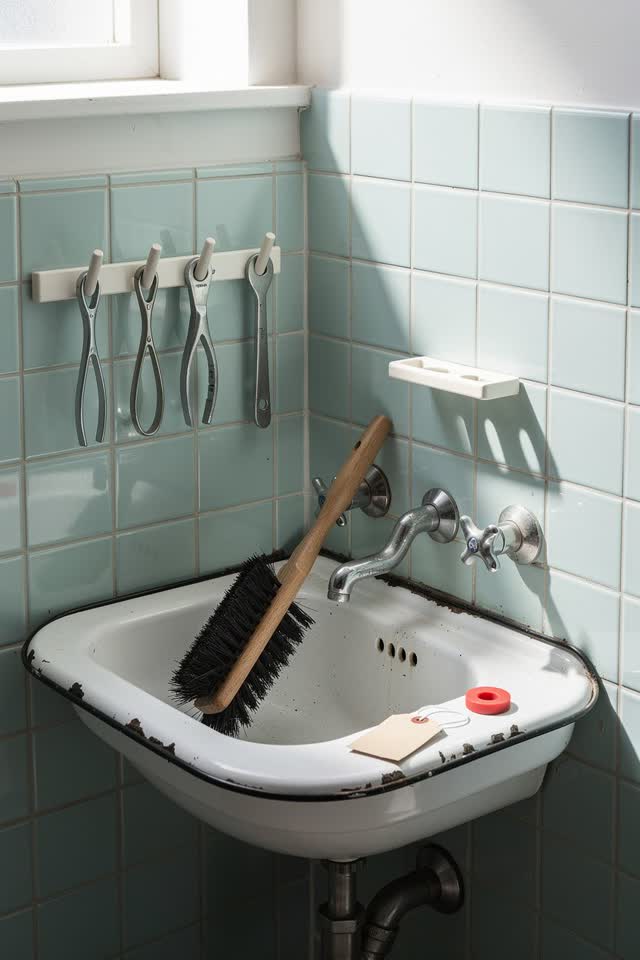 I dream of a bright tool-cleaning sink corner, not a pipe room: white enamel basin, pale aqua tile, drying pegs, and a f