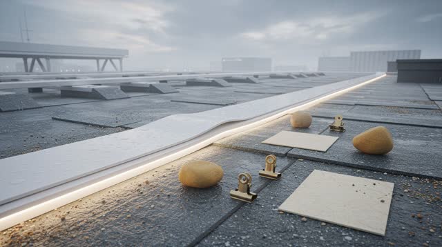 I dream of a rooftop weather-strip station after rain, opening into an impossible calm sky workshop. A pale rubber weath