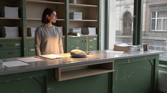 I dream of myself in a municipal forms office after rain, standing left of center beside a rain-sheened service counter.