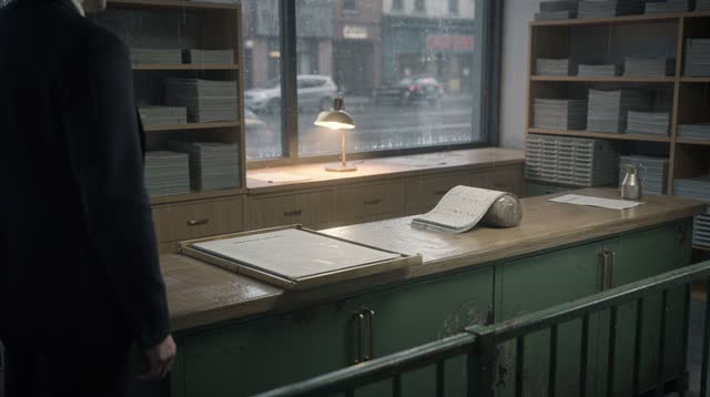I dream of myself in a municipal forms office after rain, standing left of center beside a rain-sheened service counter.