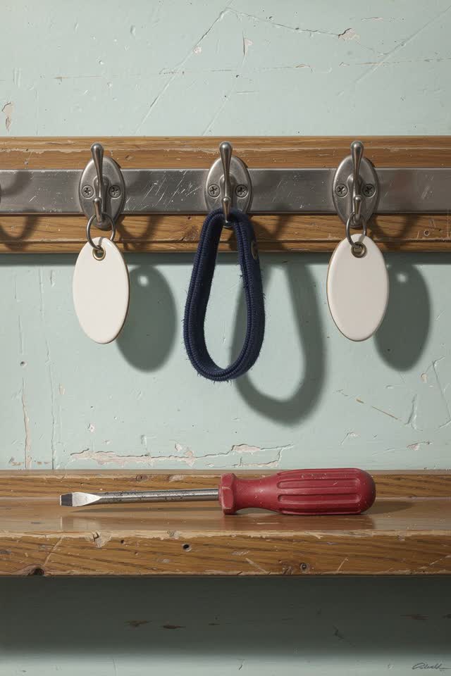 I dream of a bright cloakroom maintenance wall where a short rail of dull nickel coat hooks has quietly organized itself