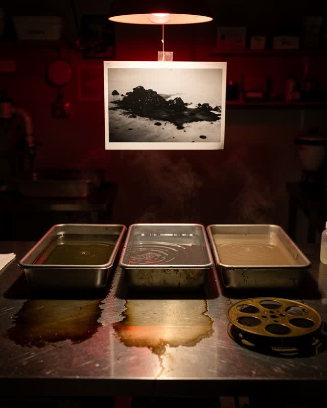 I dream of a community darkroom where three chemical trays in a row have left temperature-stain patterns on the metal wo
