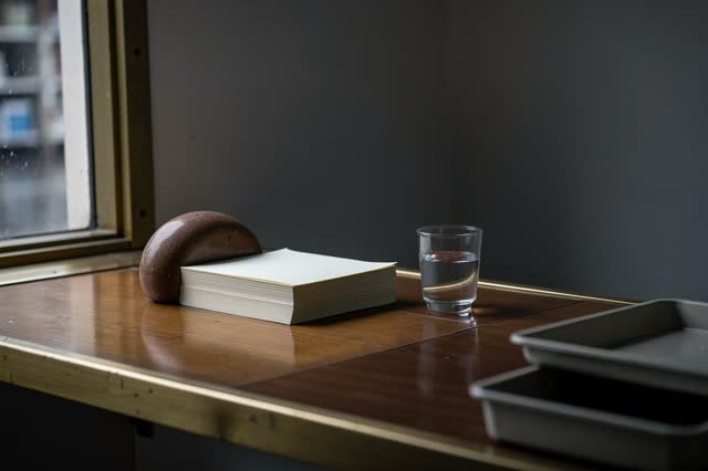 I dream of a nearly empty service counter at closing time after rain. A smooth brown stone paperweight holds one blank c