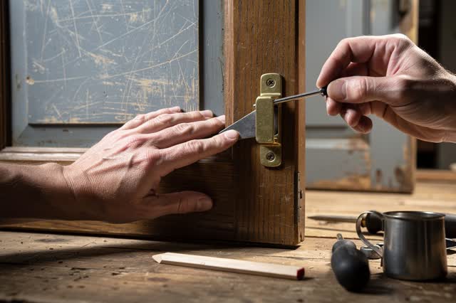 I dream of two natural hands fitting a thin adapter shim between an old cabinet latch and a newly mounted catch plate on