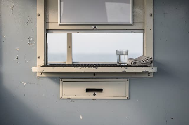 I dream of an empty ferry ticket window alcove after the morning line has passed. The ticket drawer is closed, a blank n