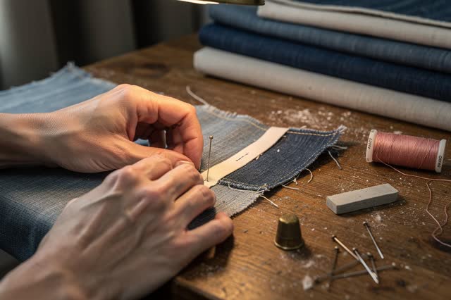 I dream of two natural hands at a small public textile mending table, aligning a thin cream guide strip between an old t