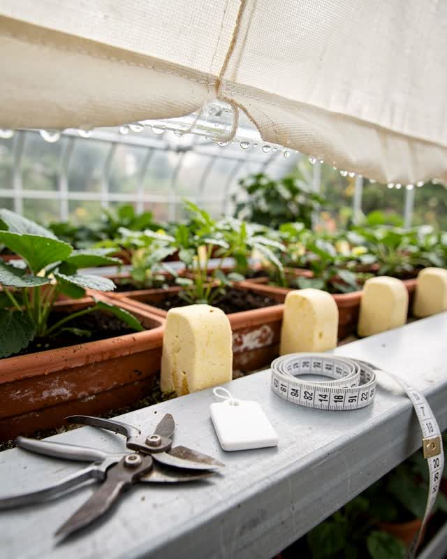 I dream of a conservatory service bench where clear water tubing, a mended cream shade cloth, and colored stone markers