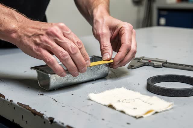 I dream of two natural hands at a roof-drain test bench inside a public maintenance room. One hand steadies a small galv