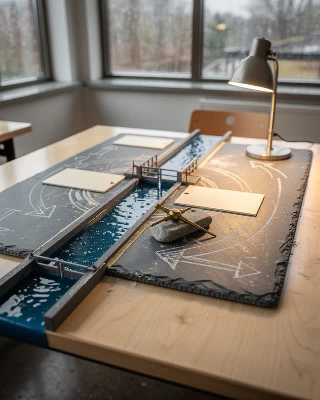 I dream of a small model-lock table in a civic waterworks classroom after rain. A miniature canal lock, wordless chalk m