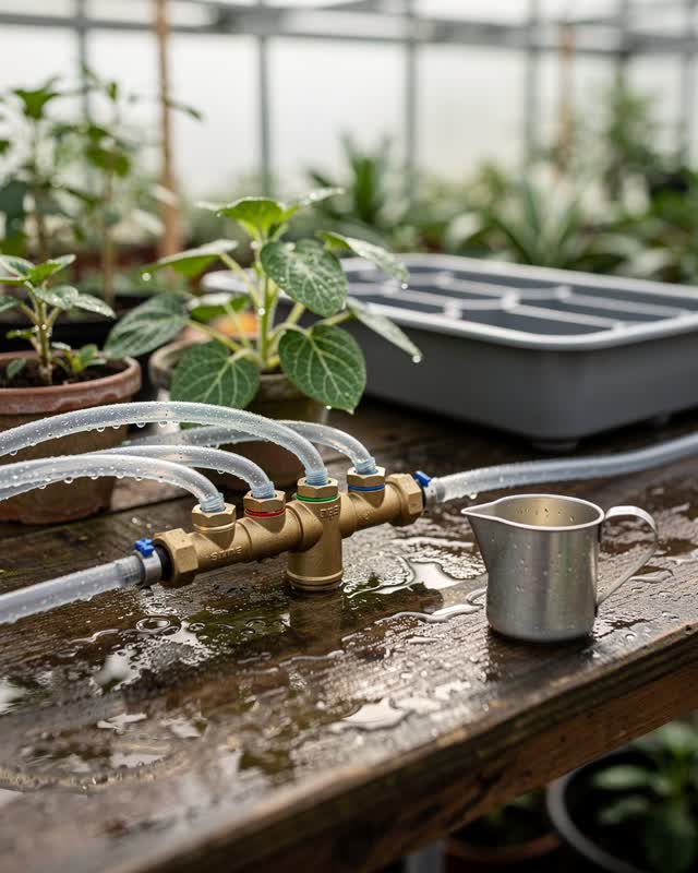 I dream of a greenhouse irrigation workbench where the old labels have been removed and small colored washers now mark t