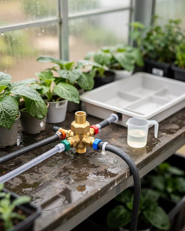 I dream of a greenhouse irrigation workbench where the old labels have been removed and small colored washers now mark t