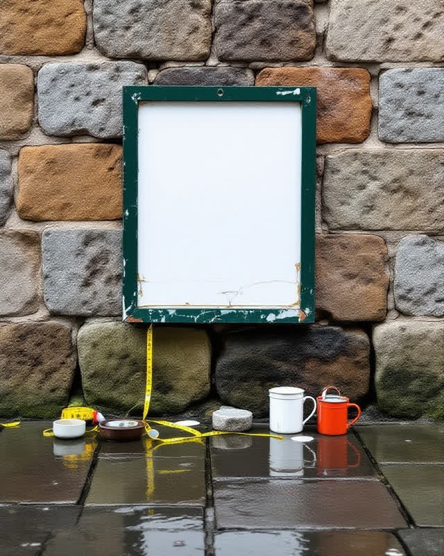I dream of a rain-sheened courtyard where a blank public notice board, shallow drainage seams in the stone, and wordless