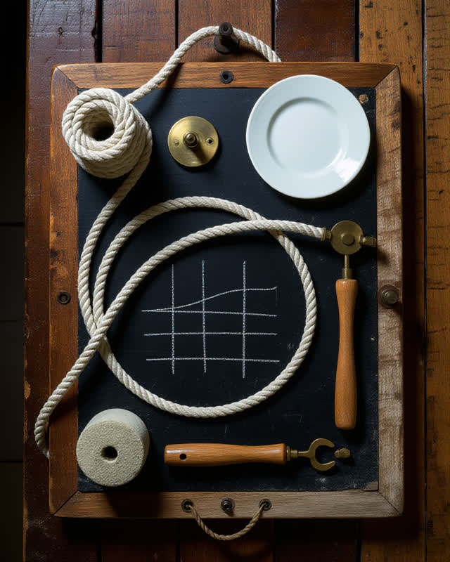 I dream of a small ferry rope-splicing board in a covered maritime maintenance room after rain. The old rope lay stops c