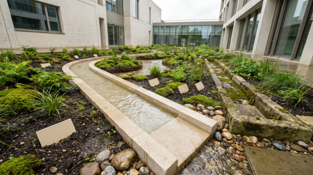 I dream of an open rain garden behind a civic building where water has begun choosing a new pale stone spillway, flowing