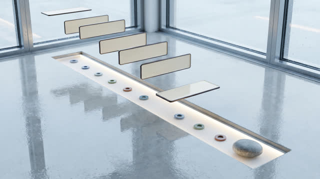 I dream of an impossible quiet route-room after rain, where blank cream route plates float gently above a shallow reflec