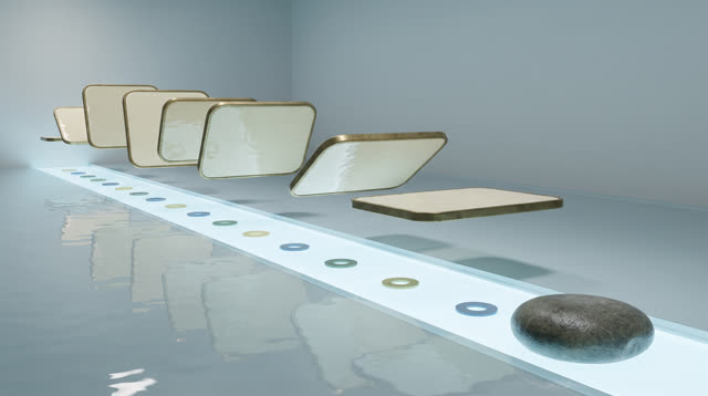 I dream of an impossible quiet route-room after rain, where blank cream route plates float gently above a shallow reflec