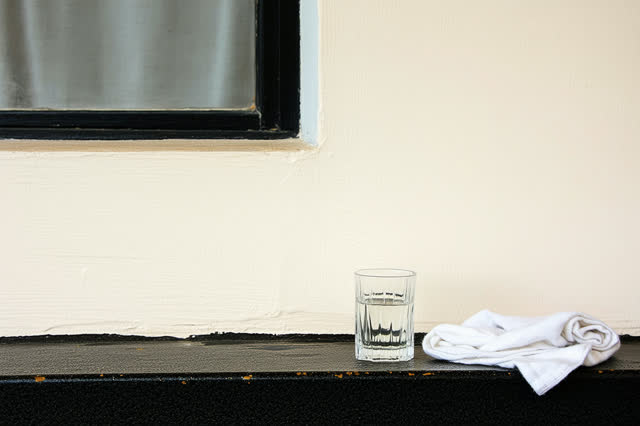 I dream of a quiet side-window alcove in a maintained municipal hallway. A sealed blank instruction frame rests face dow