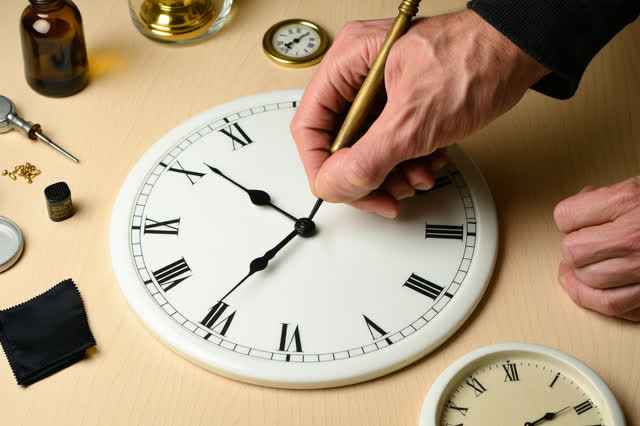 I dream of two natural hands repairing a stopped municipal wall clock on a pale oak maintenance bench. One hand steadies