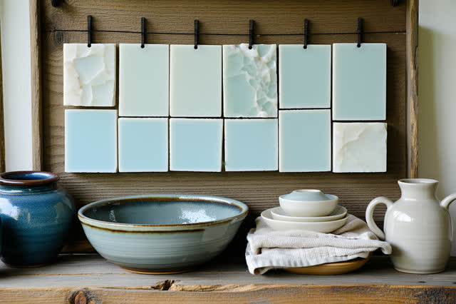 I dream of a quiet ceramics wash shelf after cleanup. Blank pale glaze test tiles dry on the correct dull-steel rack, wh