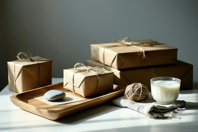 I dream of a small neighborhood receiving table after sorting is finished. Plain wrapped parcels rest in three clean gro