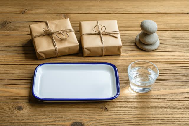I dream of a small neighborhood receiving table after sorting is finished. Plain wrapped parcels rest in three clean gro
