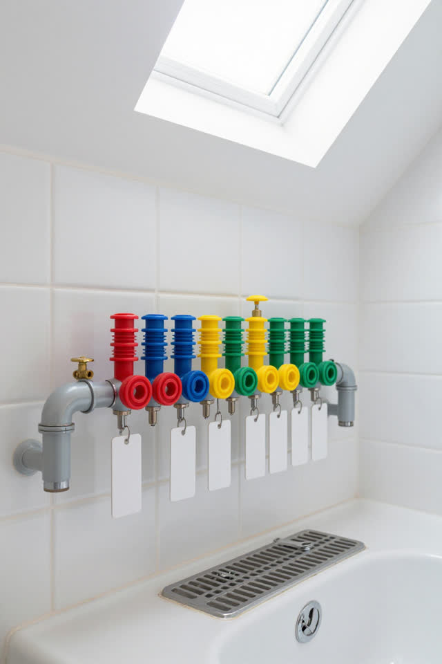 I dream of a bright civic utility sink room where the colored rubber washers on a pipe manifold have quietly rearranged