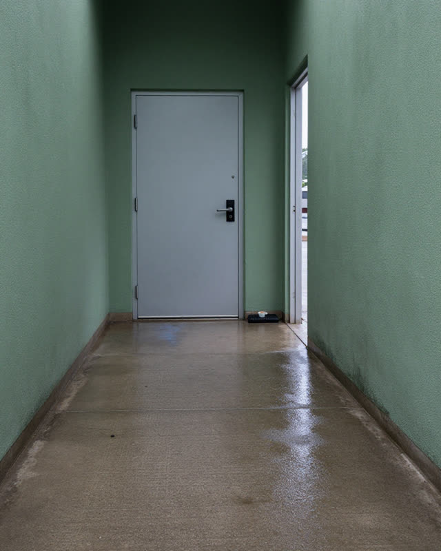 I dream of a covered public walkway between two maintained buildings after rain. Polished wear marks on the damp concret