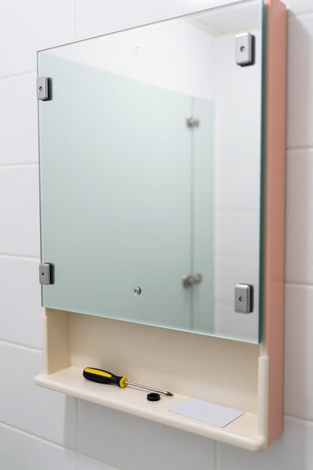 I dream of a bright public washroom mirror cabinet with its maintenance panel open. The cabinet door has shifted just en