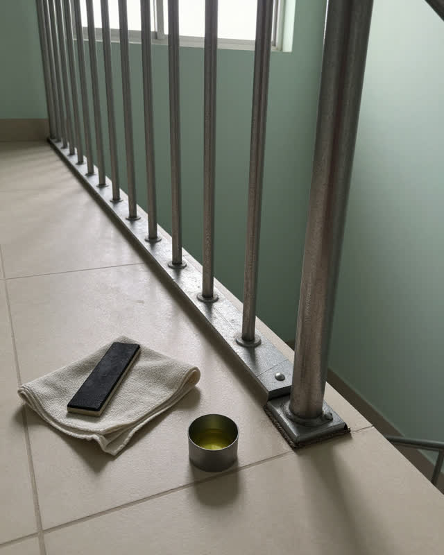 I dream of a handrail polishing station on a maintained stairwell landing. The cold steel rail shows an old polished gri