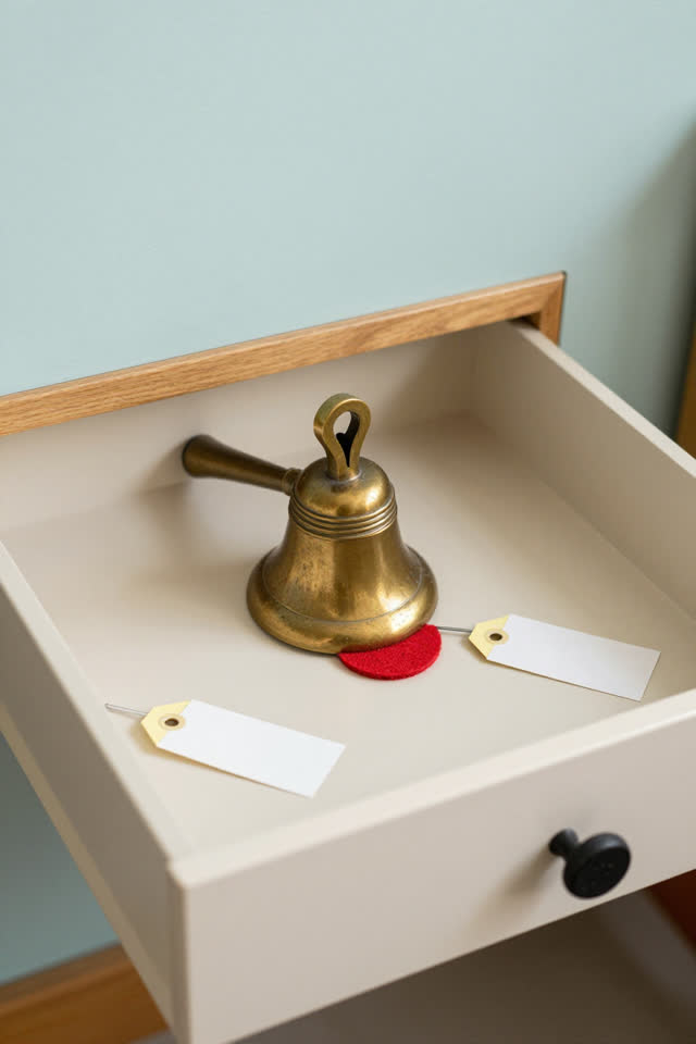 I dream of a public handbell maintenance drawer in a bright community hall workroom. A muted brass handbell rests on a c