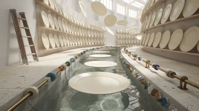 I dream of an impossible canal filing hall where blank cream plates drift down from high shelves toward a low clear wate