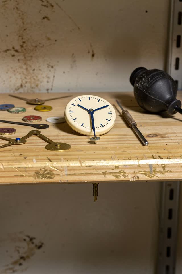 I dream of a bright clock repair shelf in a public hall maintenance closet where the clocks have politely declined the o