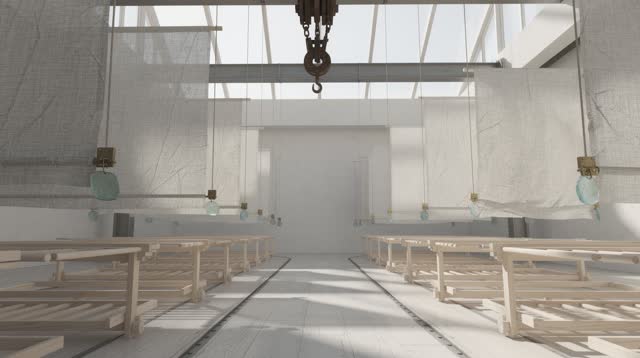 I dream of an impossible textile drying room where blank linen panels lift their memory into daylight. Irregular panels