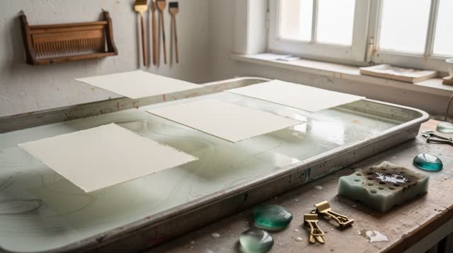 I dream of an impossible paper marbling room where the bath keeps the true current. Blank cream sheets hover just above