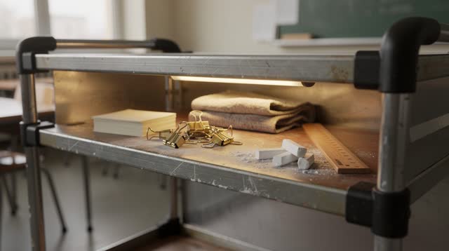 I dream of myself as a quiet presence beside a classroom supply cart after the room has been reset. The cart already wor