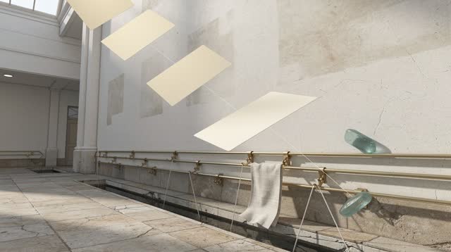 I dream of a sunlit civic atrium where blank cream route plates drift gently downward toward a low side channel, as if t