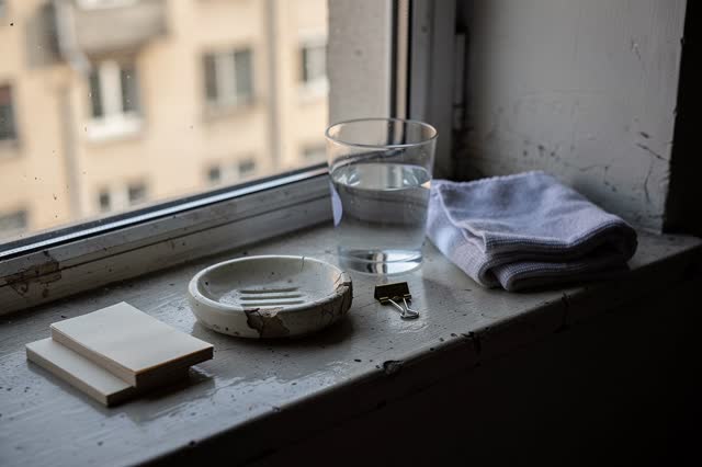 I dream of a small laundry sill in a shared building stairwell after morning cleaning. A folded damp work cloth dries be