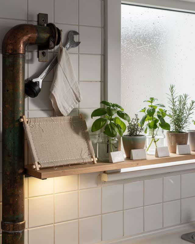 I dream of a shared kitchen pass-through where serving, cooling, repair, and plant care have become one continuous worki