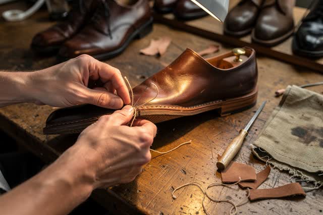 I dream of two natural hands at a shoemaker bench, stitching a replacement sole onto a scuffed public work shoe so the s