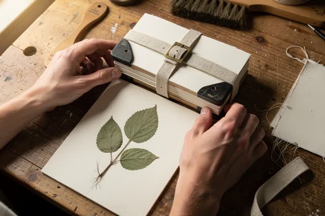 I dream of two natural hands at a botanical herbarium worktable, replacing uneven blotter around a blank plant specimen