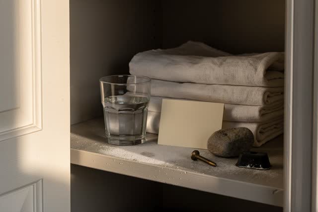 I dream of a small linen closet with a half-open door and no active task. A few handled folded linens rest beside an imp