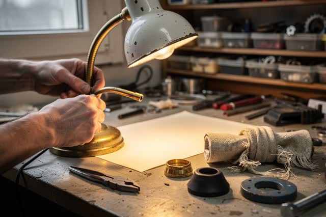 I dream of two natural hands in a small lamp repair alcove, tightening a bent gooseneck lamp so its light falls on the r